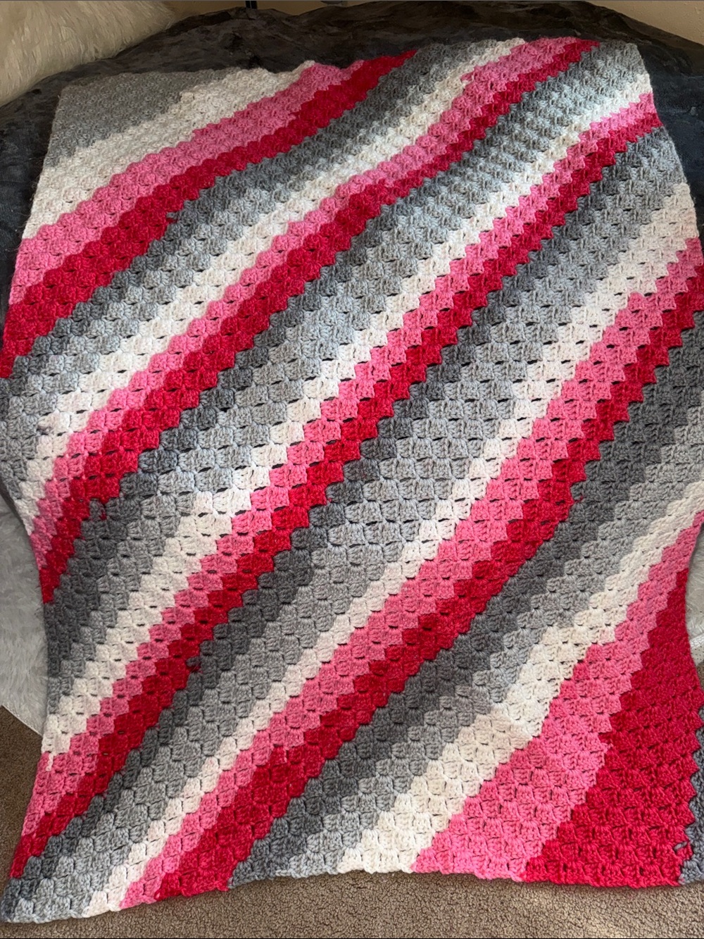 Hand Crafted Pink, Hot Pink, Gray & White Crochet Throw Blanket